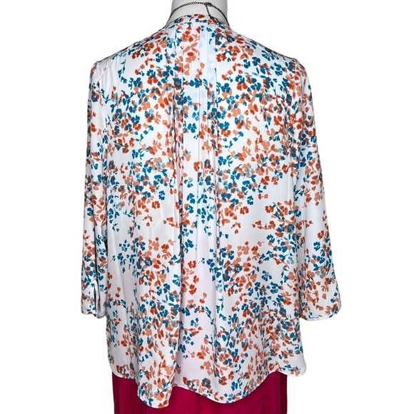 NYDJ White Peach Floral Print V Neck 3/4 Sleeve Pintuck Blouse Size Large P NWOT - Picture 3 of 14